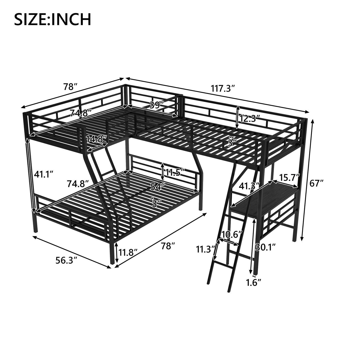 Innovative Space-Saving Twin over Full Bunk Bed with Loft Bed, Desk & Metal Frame, Black