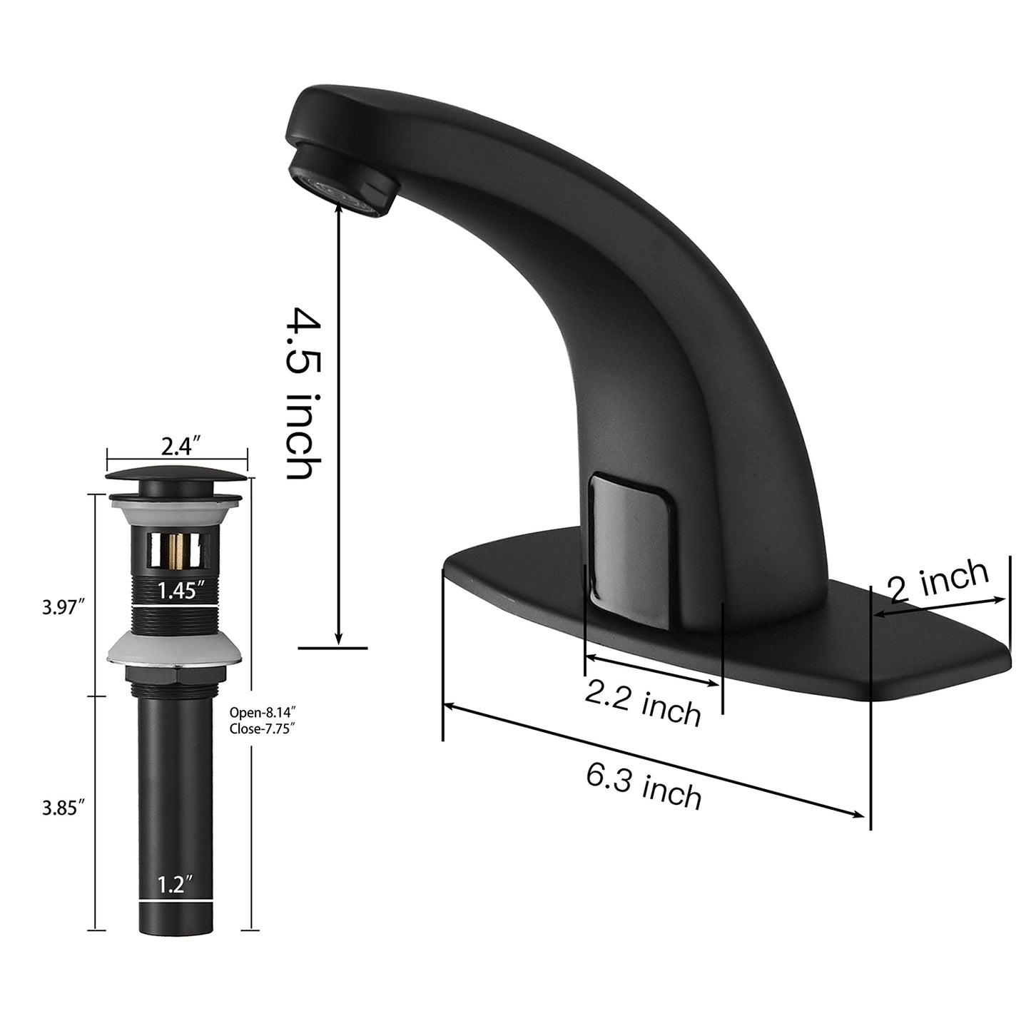 Matte Black DC Powered Touchless Bathroom Faucet with Deck Plate & Pop Up Drain
