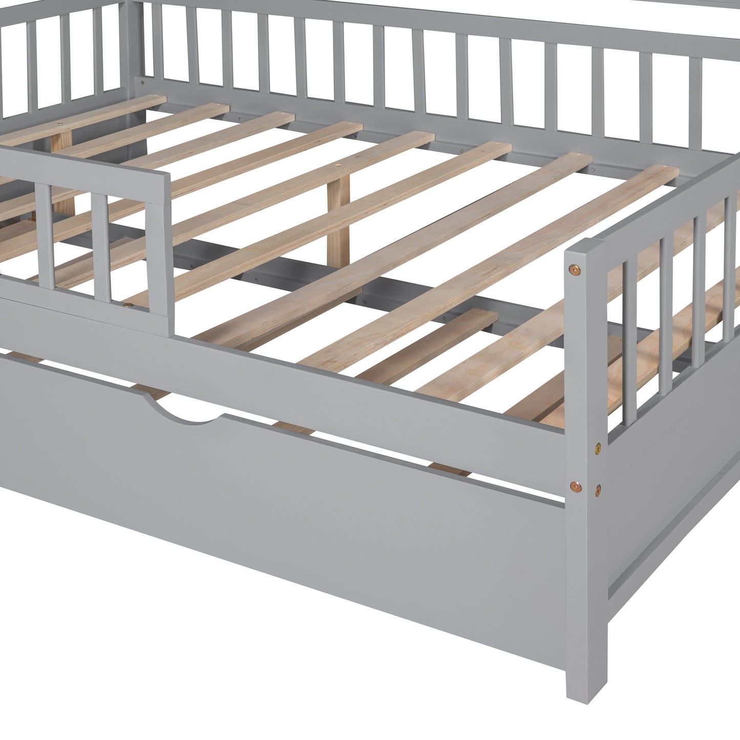 Wooden Full Size House Bed with Twin Size Trundle,Kids Bed with Shelf, Gray