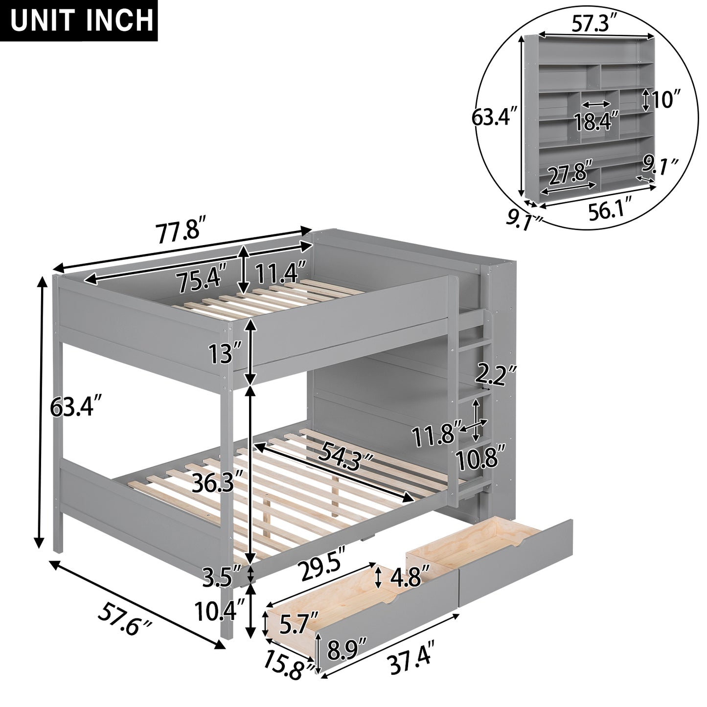 Gray Full over Full Bunk Bed with Storage Drawers and Cabinet for Kids