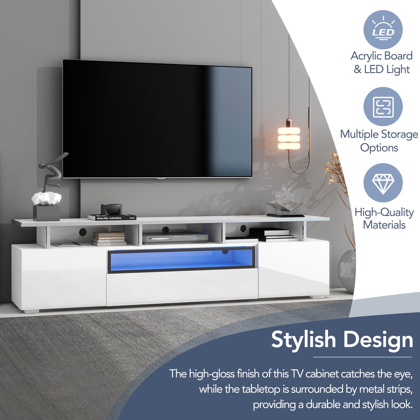 White Modern TV Stand with LED Color Changing Lights and Acrylic Board for TVs Up to 80