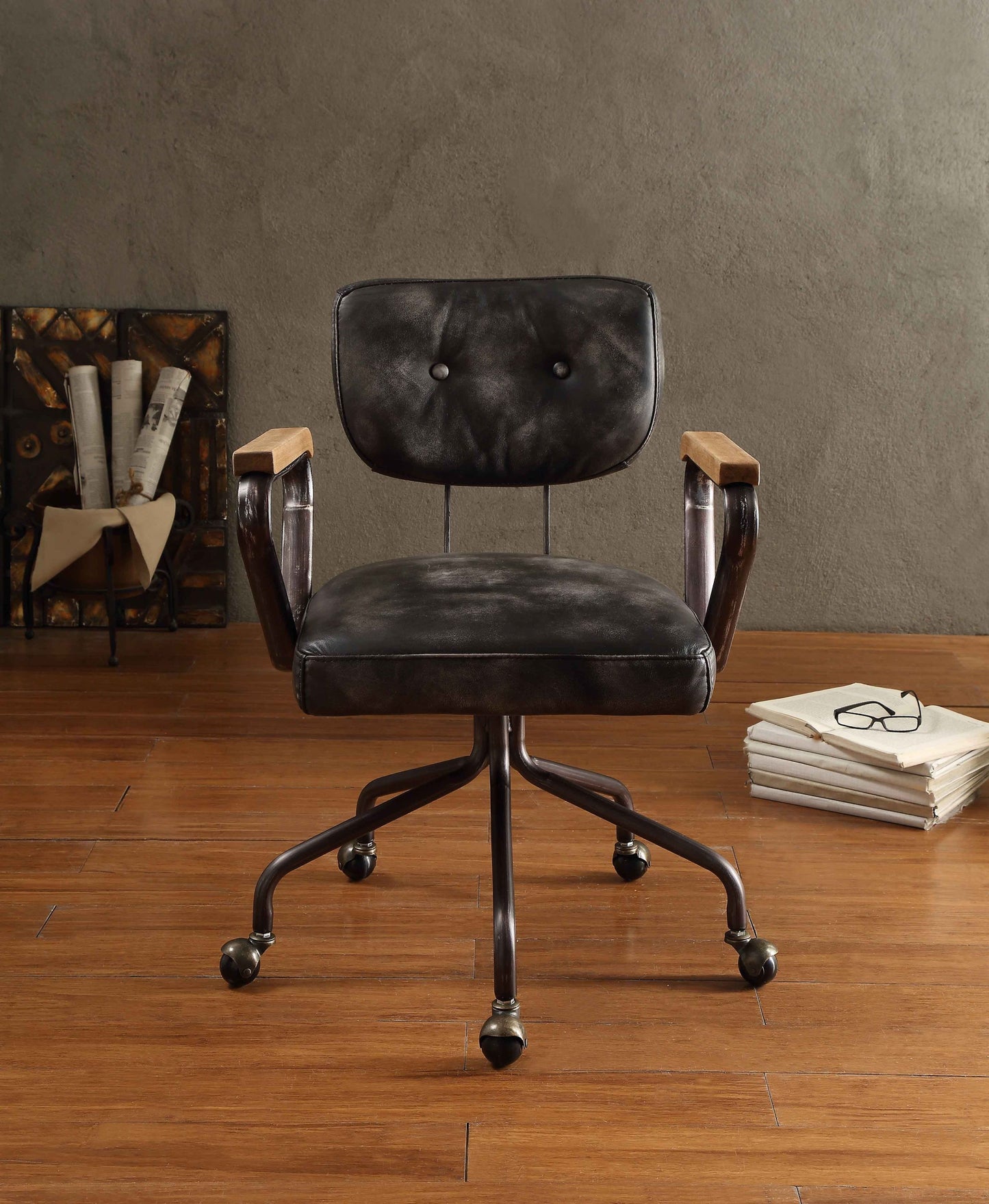 Hallie Office Chair in Vintage Black Top Grain Leather 92411