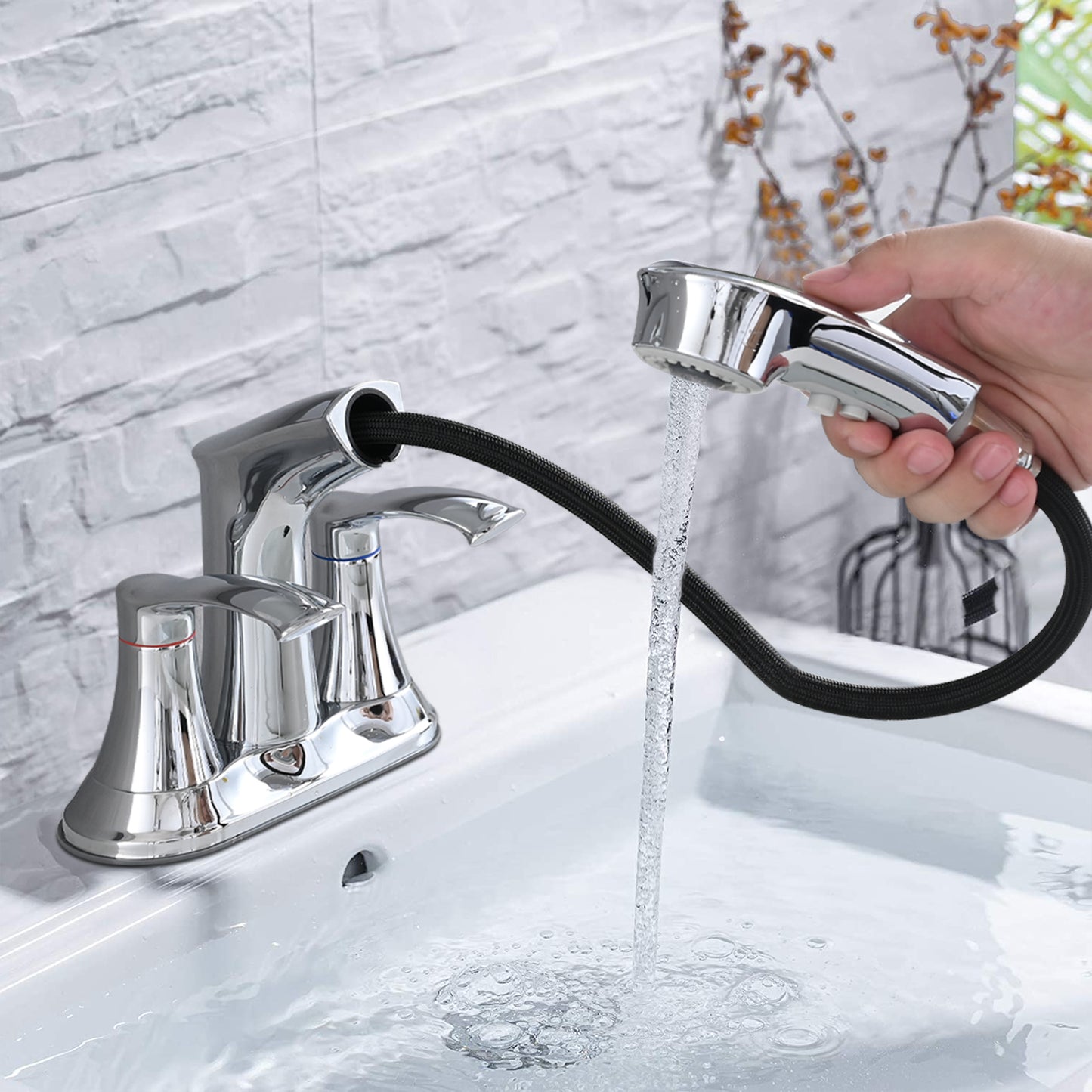 Bathroom Sink Faucet with Pull Down Sprayer, 2 Handle Chrome Utility Faucet