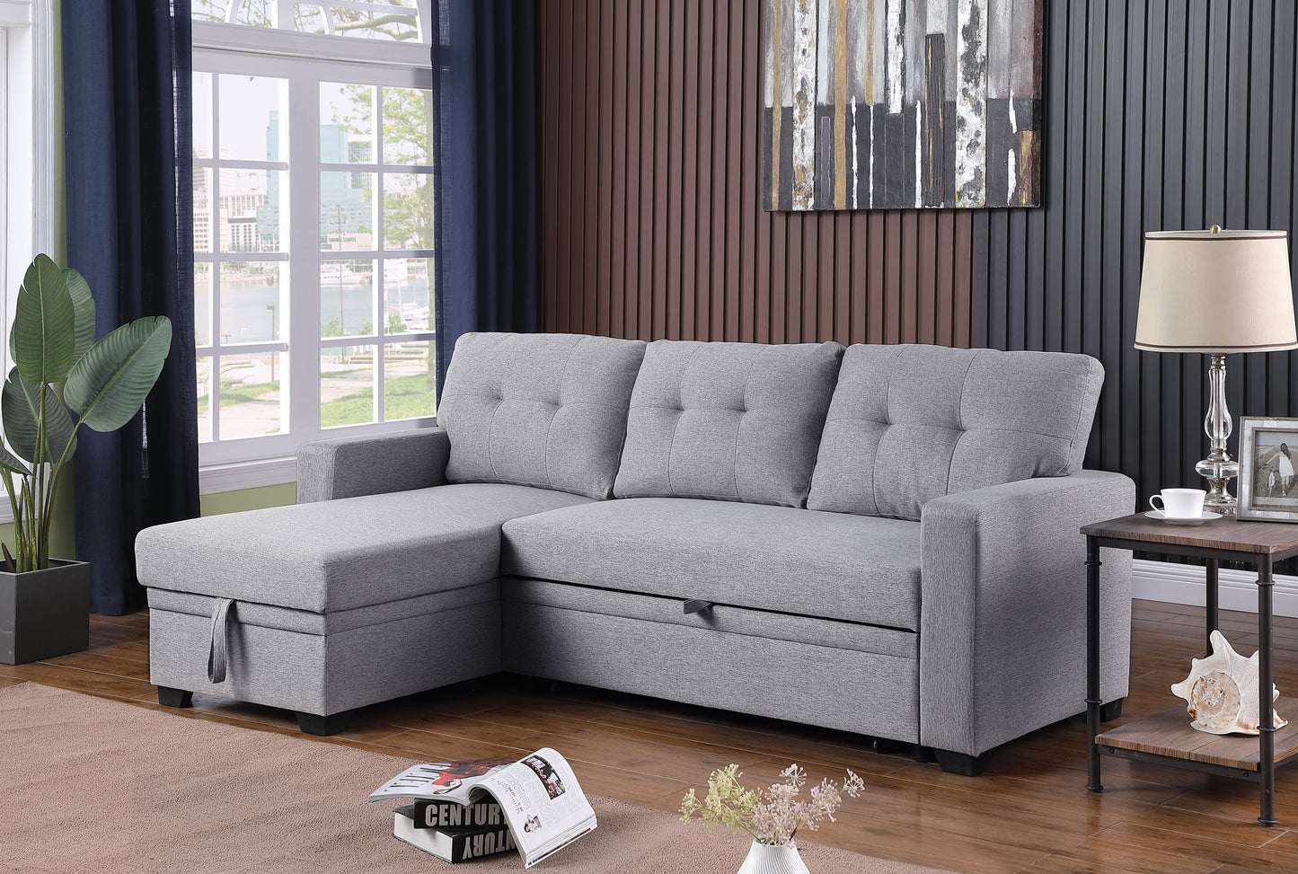 Upholstered Pull out Sectional Sofa with Chaise