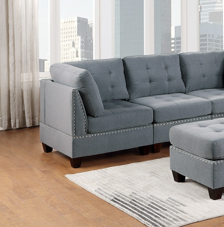 Gray Linen Modular Sofa Set with Tufted Couch and Nailhead Accents