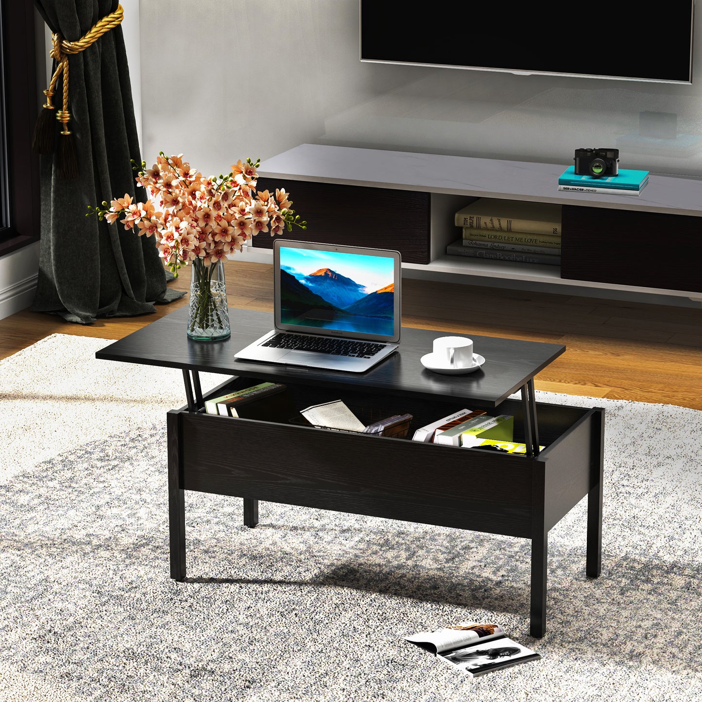 39" Modern Lift Top Coffee Table Desk With Hidden Storage Compartment for Living Room, Black Woodgrain