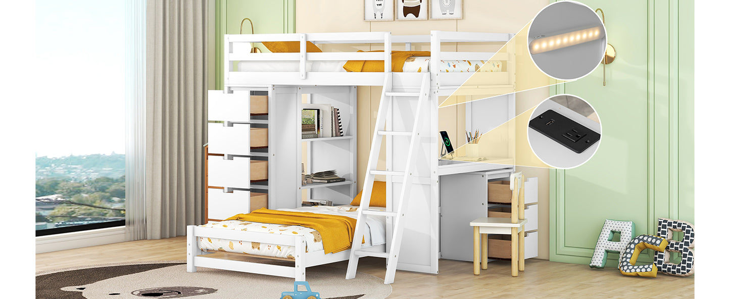 White Twin Bunk Bed with LED Light, USB Ports, and Storage Options