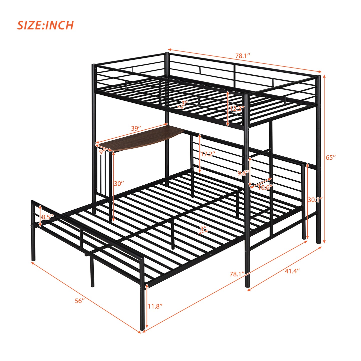 Metallic Black Bunk Bed with Desk and Full Over Twin Configuration