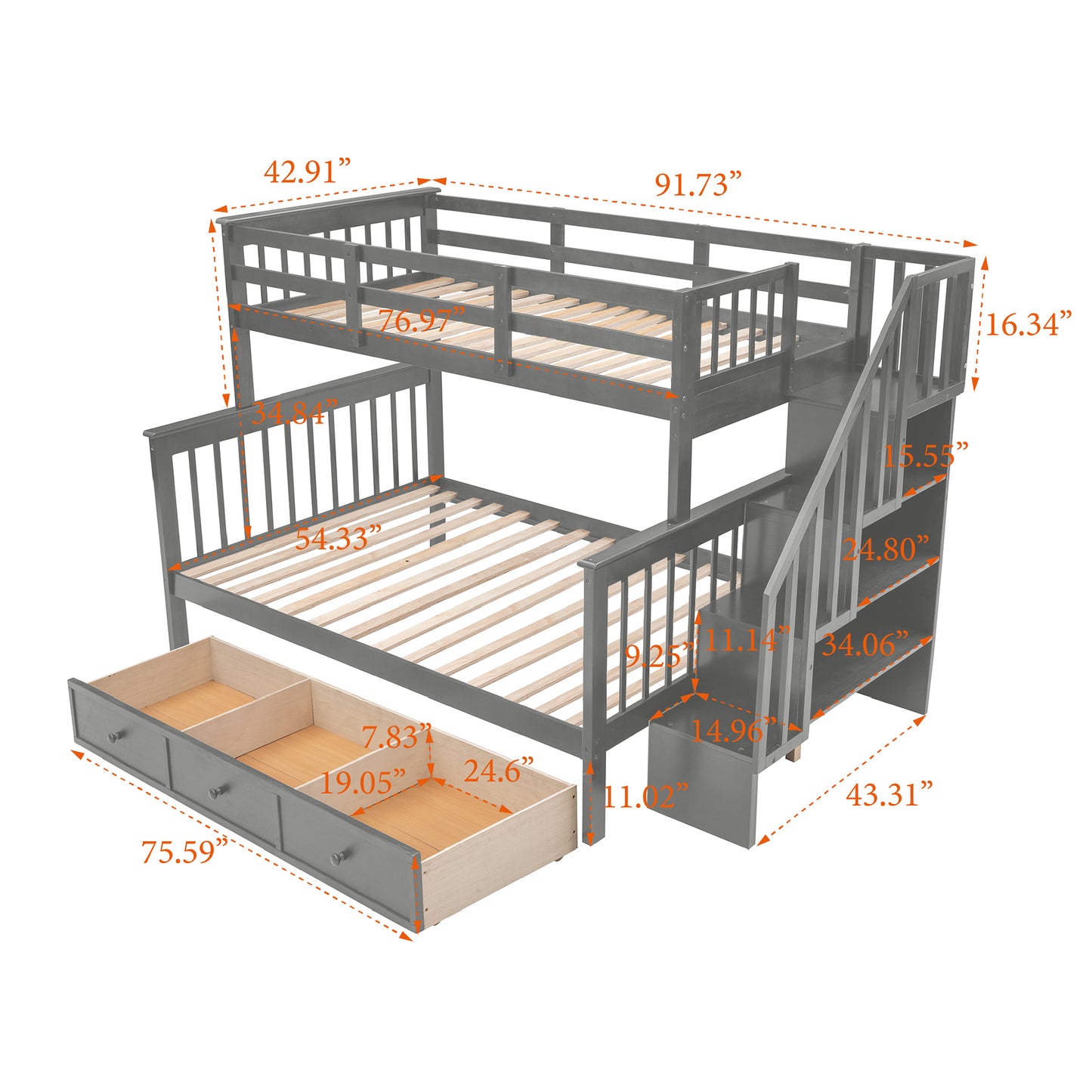 Stylish Gray Stairway Bunk Bed Set with Drawer and Storage for Bedroom