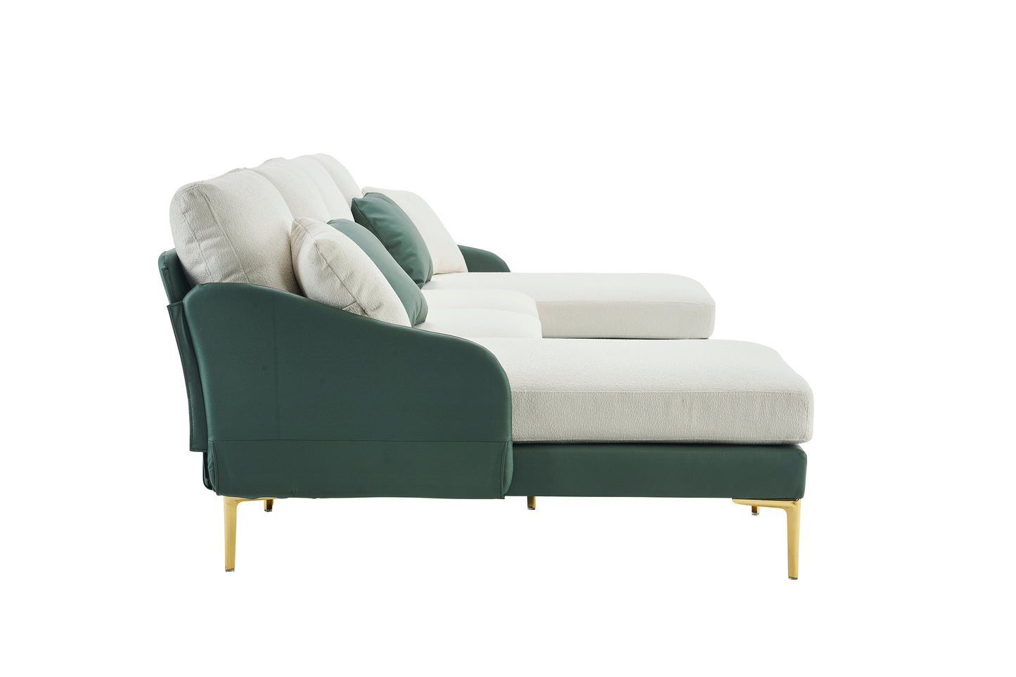 Modern large area Linen+Leathaire fabric color matching segmented sofa, ultra wide lounge chair, golden legs, U-shaped, Cyan+white