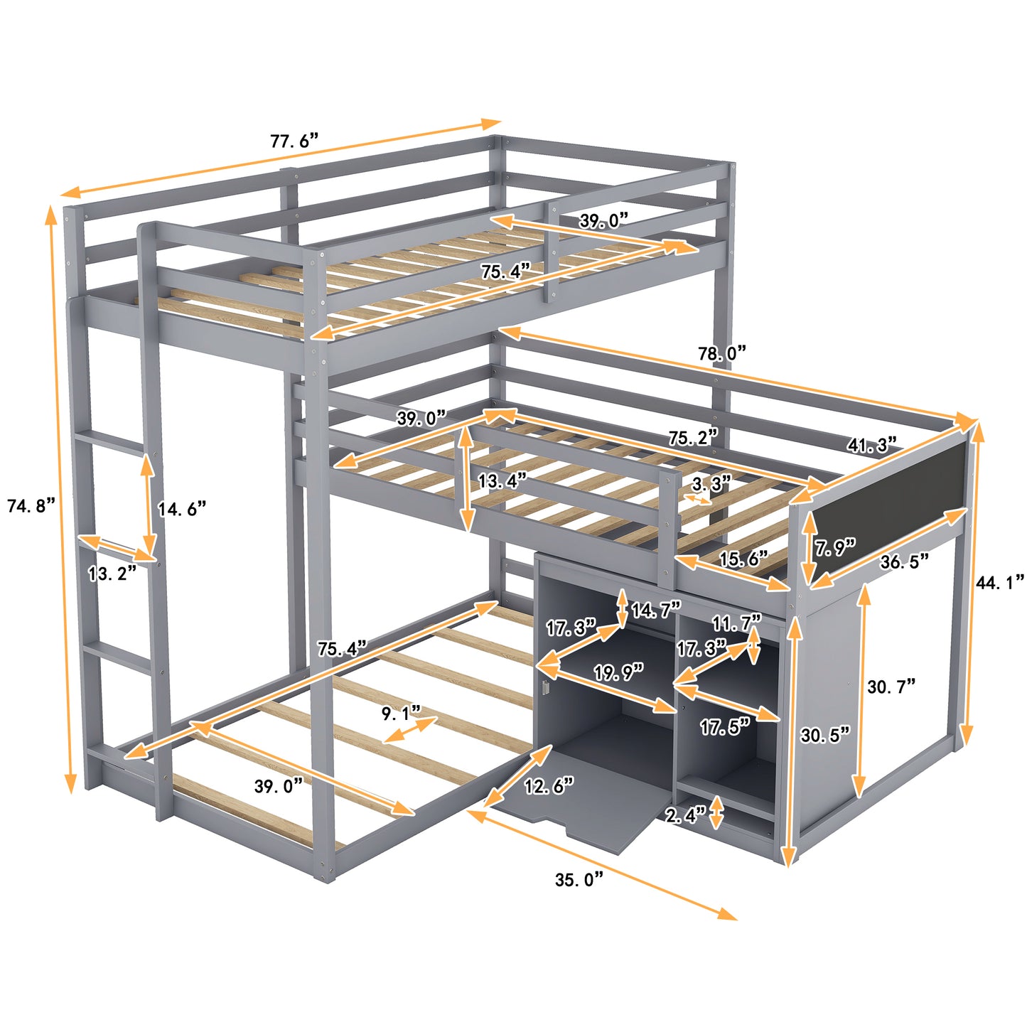 Gray L-shaped Triple Bunk Bed with Storage and Blackboard