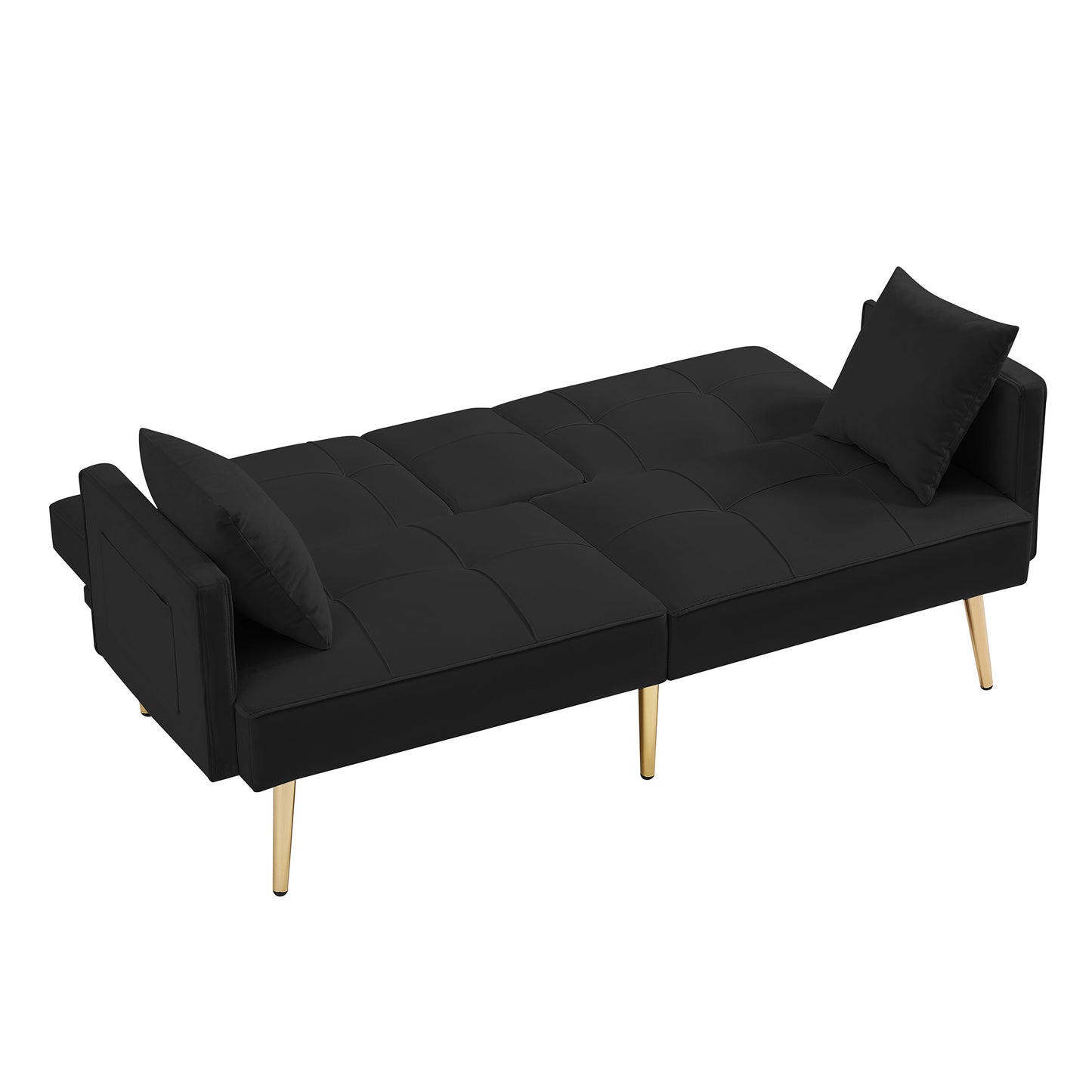 Black Velvet Futon Sofa Bed with Gold Metal Legs