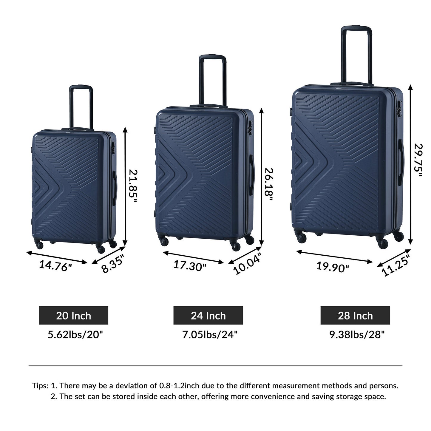 3 Piece Luggage Sets ABS Lightweight Suitcase with Two Hooks, Spinner Wheels, TSA Lock, (20/24/28) Navy