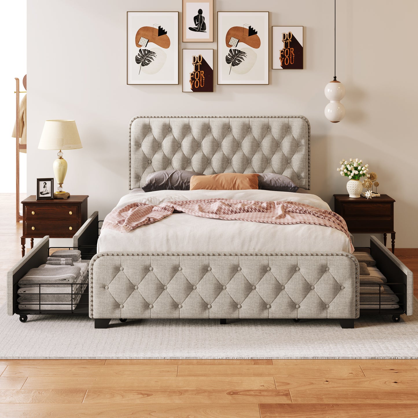 Upholstered Platform Bed Frame with Four Drawers, Button Tufted Headboard and Footboard Sturdy Metal Support, No Box Spring Required, Beige, Full (Old sku:BS300281AAA)