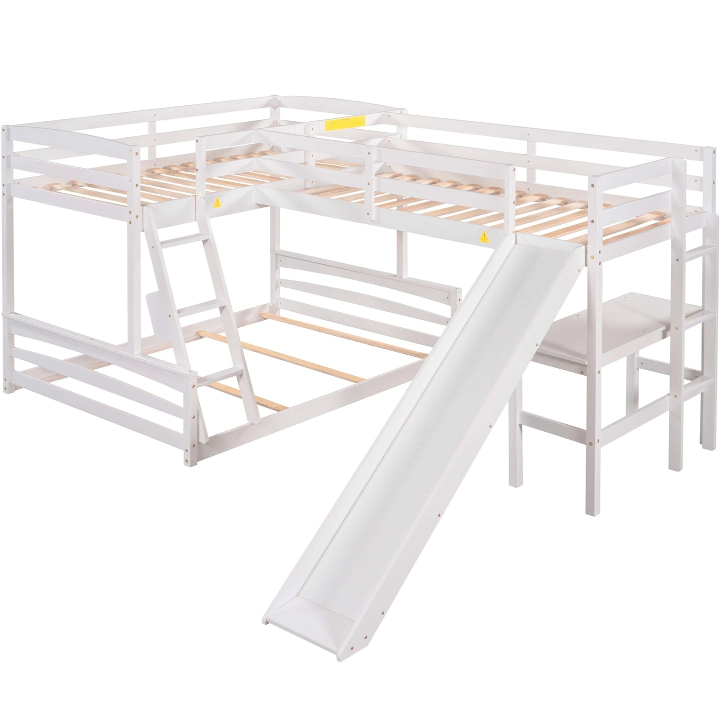 Combined L-Shaped Loft Bunk Bed Set with Desk, Slide & Guardrail in White