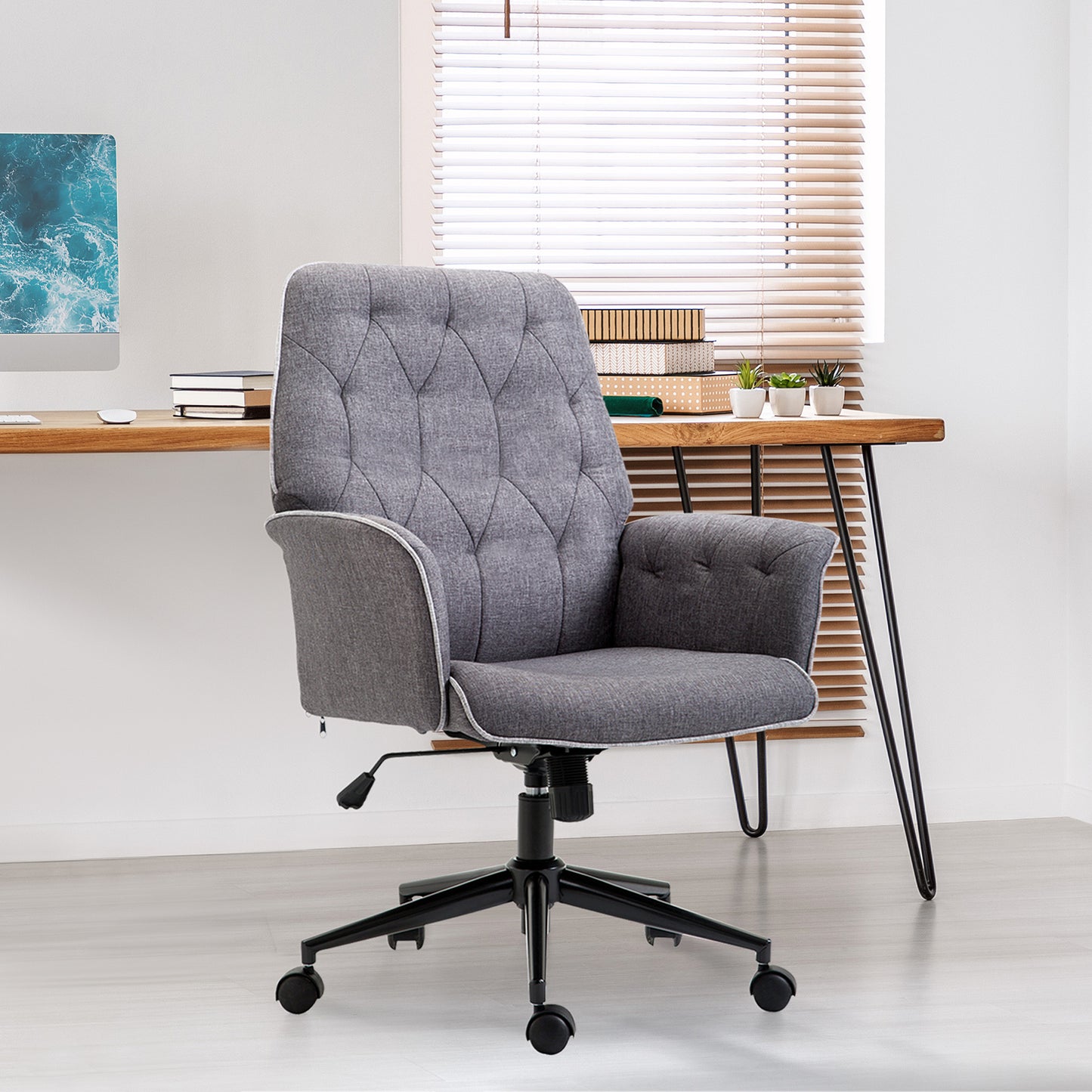 Vinsetto Linen Home Office Chair, Tufted Height Adjustable Computer Desk Chair with Swivel Wheels and Padded Armrests, Dark Gray