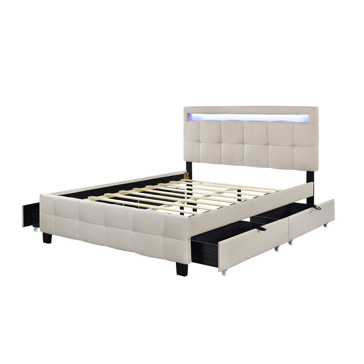 Queen Size Upholstered Platform Bed with LED Frame and 4 Drawers, Linen Fabric, Beige