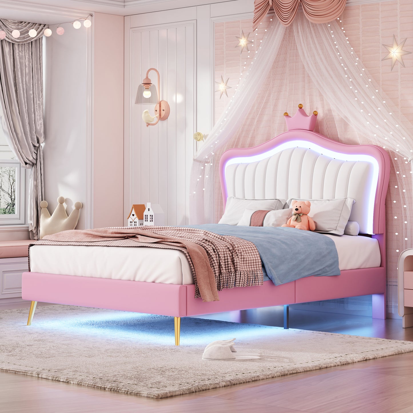 Twin Size Upholstered Bed Frame with LED Lights, Modern Upholstered Princess Bed With Crown Headboard,White+Pink