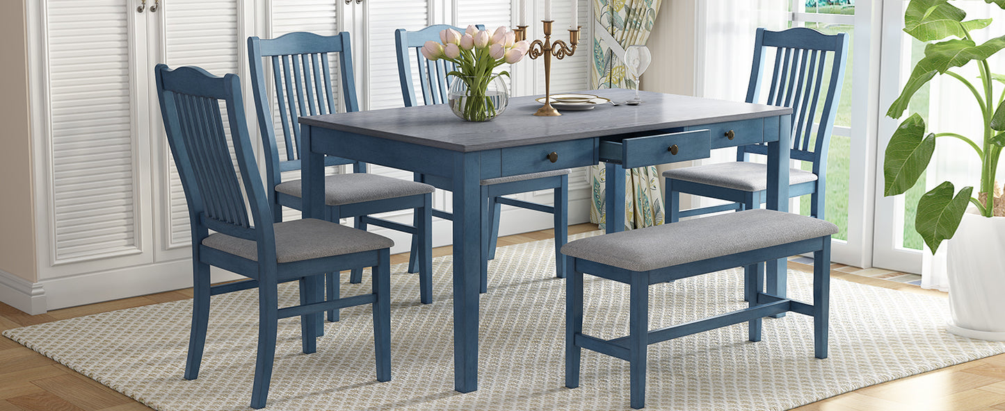 Mid-Century 6-Piece Wood Dining Table Set, Kitchen Table Set with Drawer, Upholstered Chairs and Bench, Antique Blue