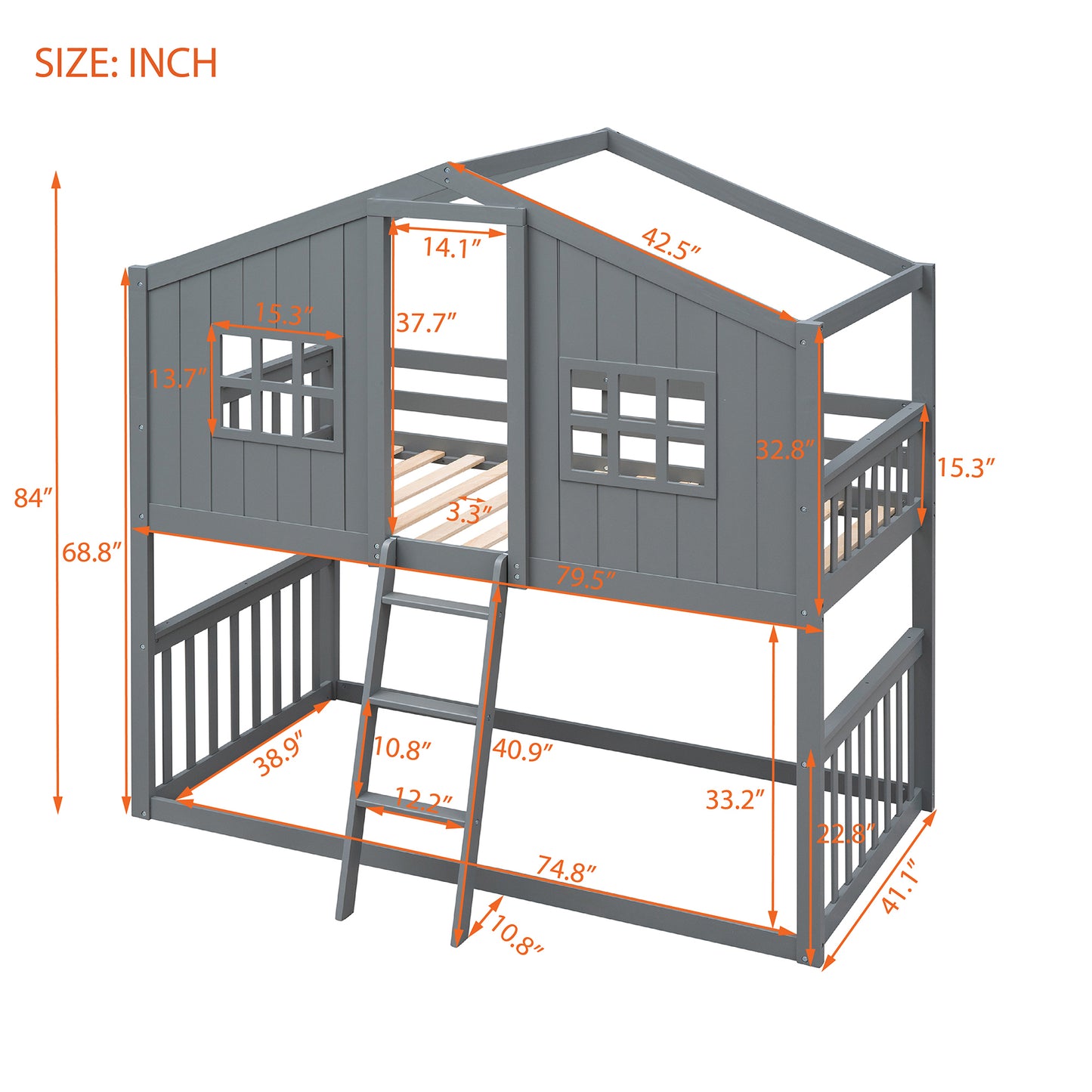 Twin House Bunk Bed with Gray Wood Finish and Ladder