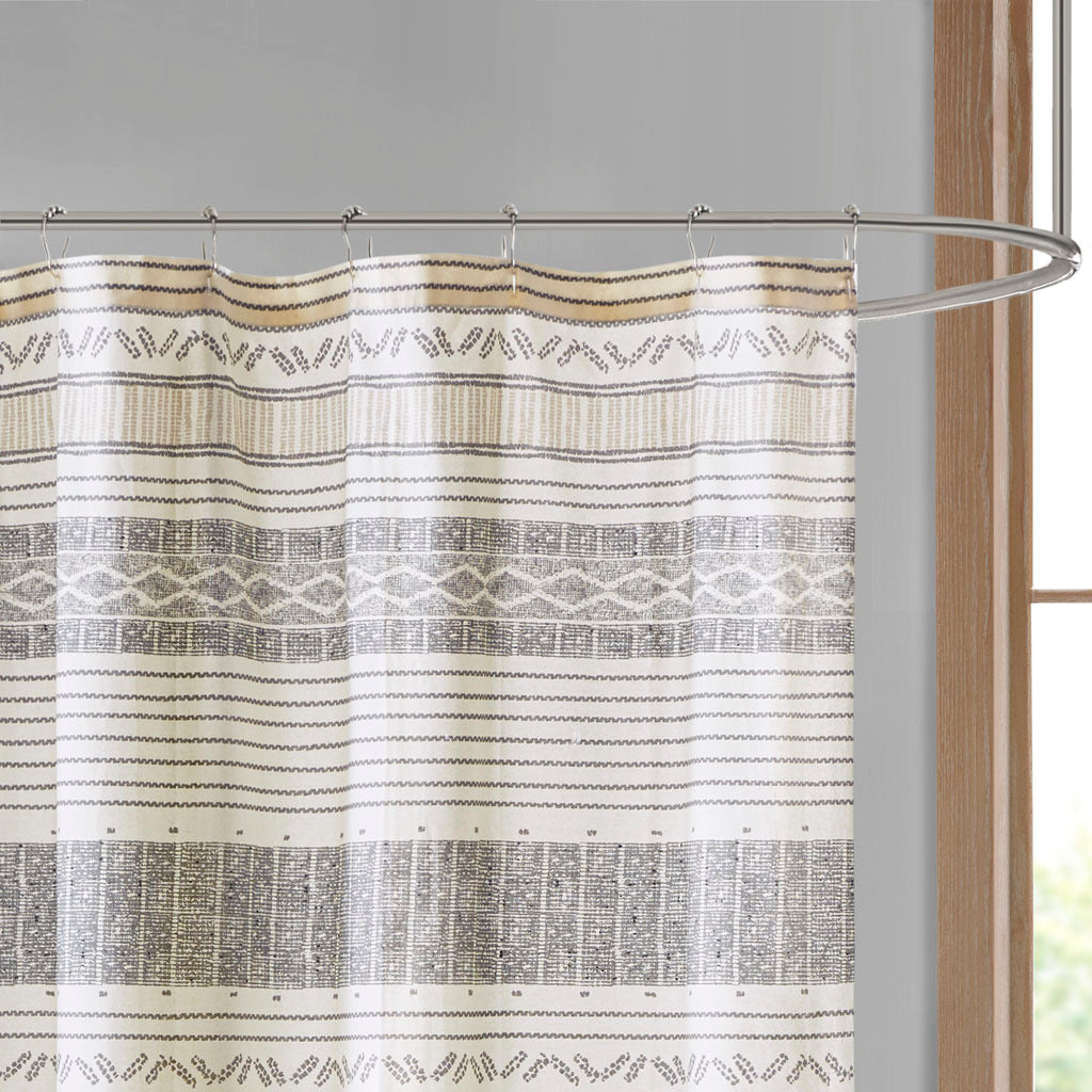 Striped Cotton Shower Curtain with Tassel Embellishments