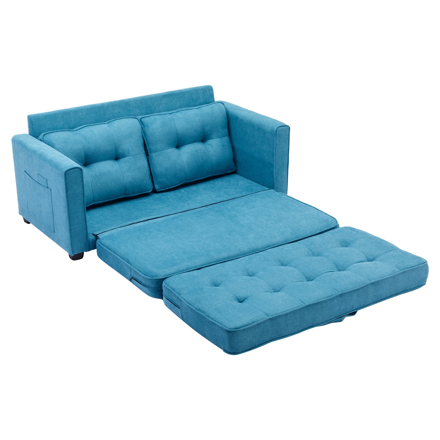 Modern Blue Loveseat Sofa with Pull-Out Bed and Storage Pockets