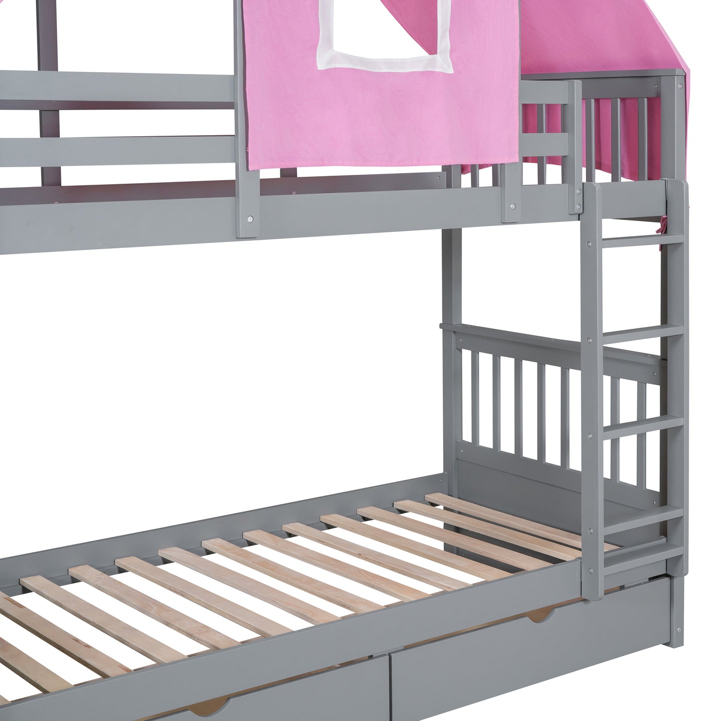 Gray and Pink Twin Over Twin Bunk Bed with Tent and Drawers for a Playful Bedroom Environment