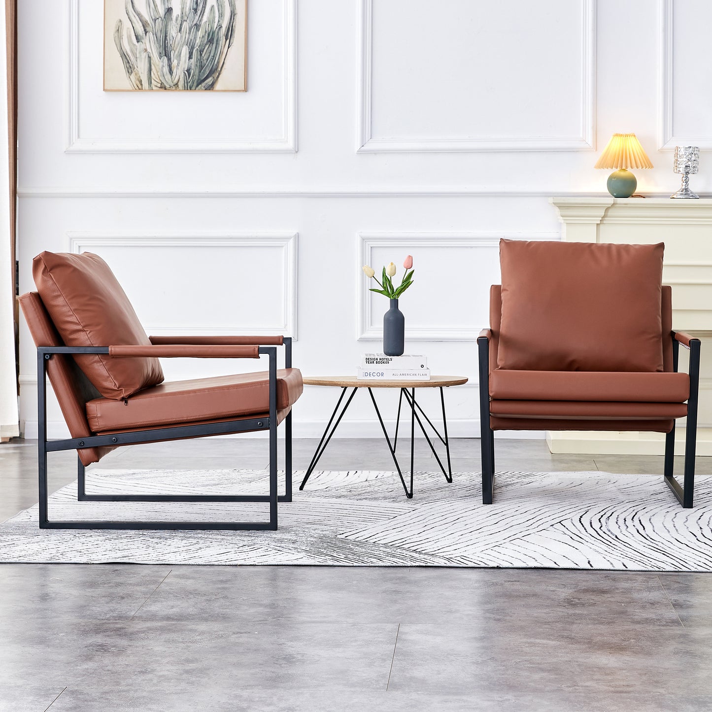 Contemporary Brown PU Leather Armchair Set with Metal Frame