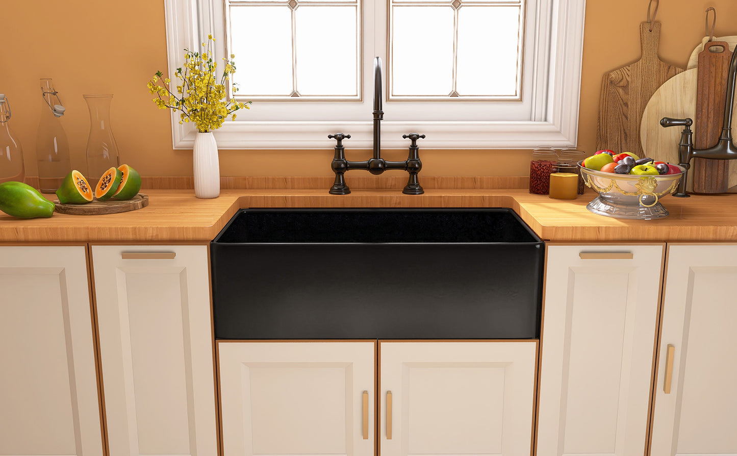 33 Black Fireclay Farmhouse Kitchen Sink with Bottom Grid and Drain