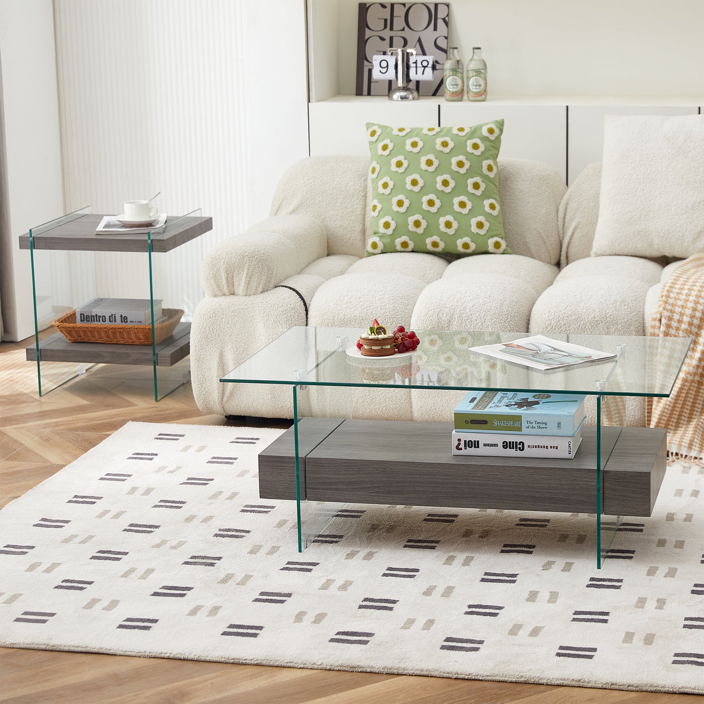 Modern Gray and Transparent Tempered Glass Coffee Table with Storage功能 and Non-Slip Legs