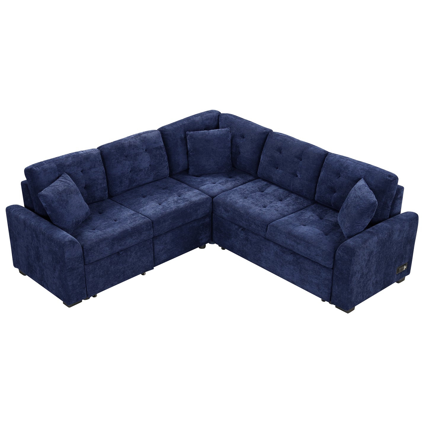 Convertible Navy Blue L-Shape Sleeper Sofa with USB Ports and Power Sockets