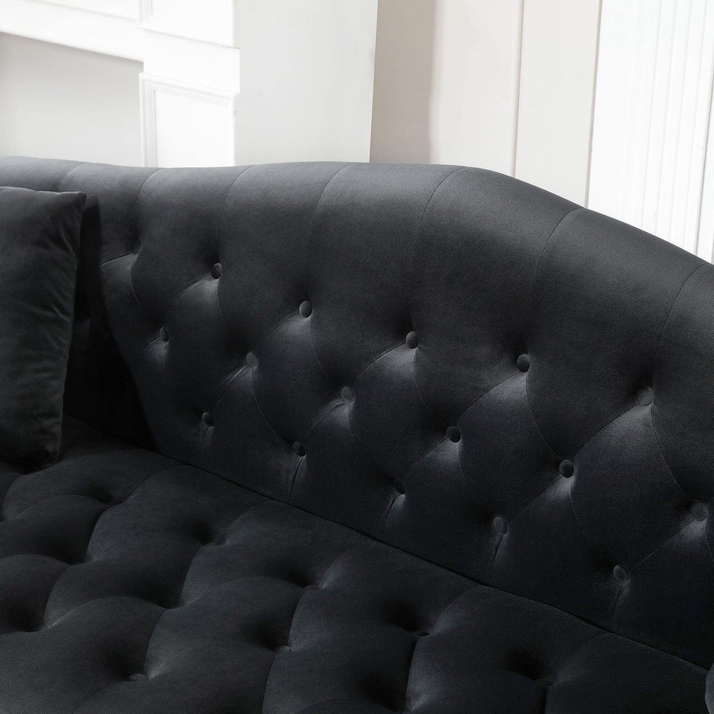 Classic Black Velvet Chesterfield Sofa Set with Rolled Arms and Silver Metal Legs