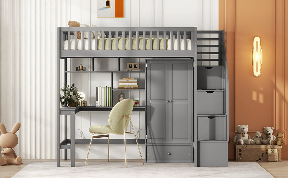 Twin size Loft Bed with Bookshelf,Drawers,Desk,and Wardrobe-Gray