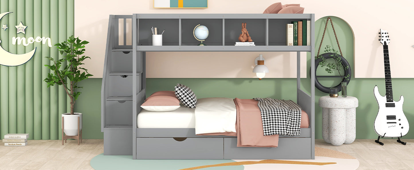 Twin over Full Bunk Bed with Storage Staircase, Drawers, and Shelfs in Gray