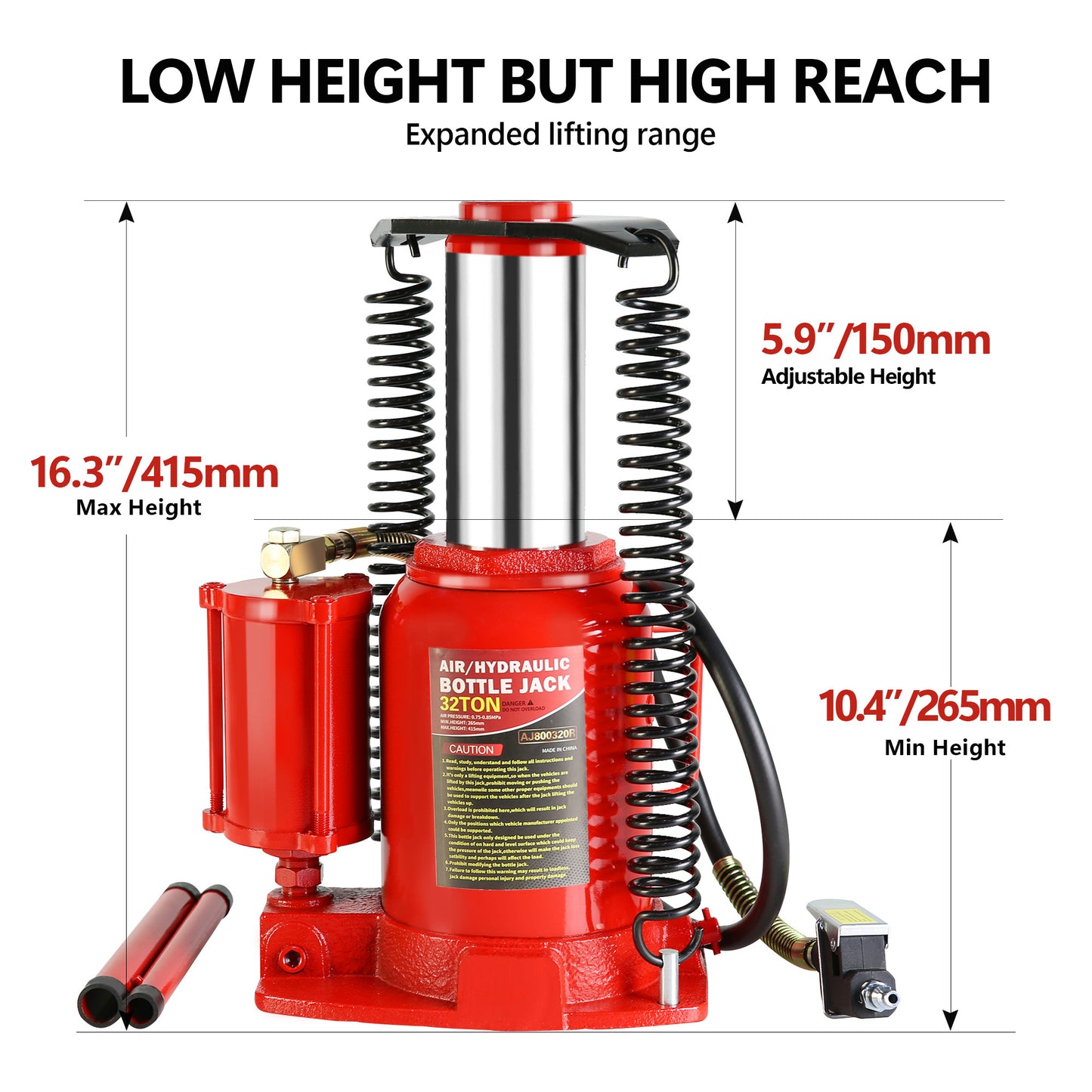 32-Ton Hydraulic Air/Manual Bottle Jack with Retractable Springs and Sturdy Saddle