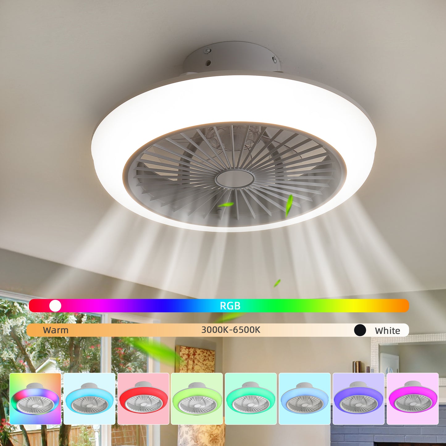 Modern 18 RGB Ceiling Fan with Dimmable LED Lights and Remote Control