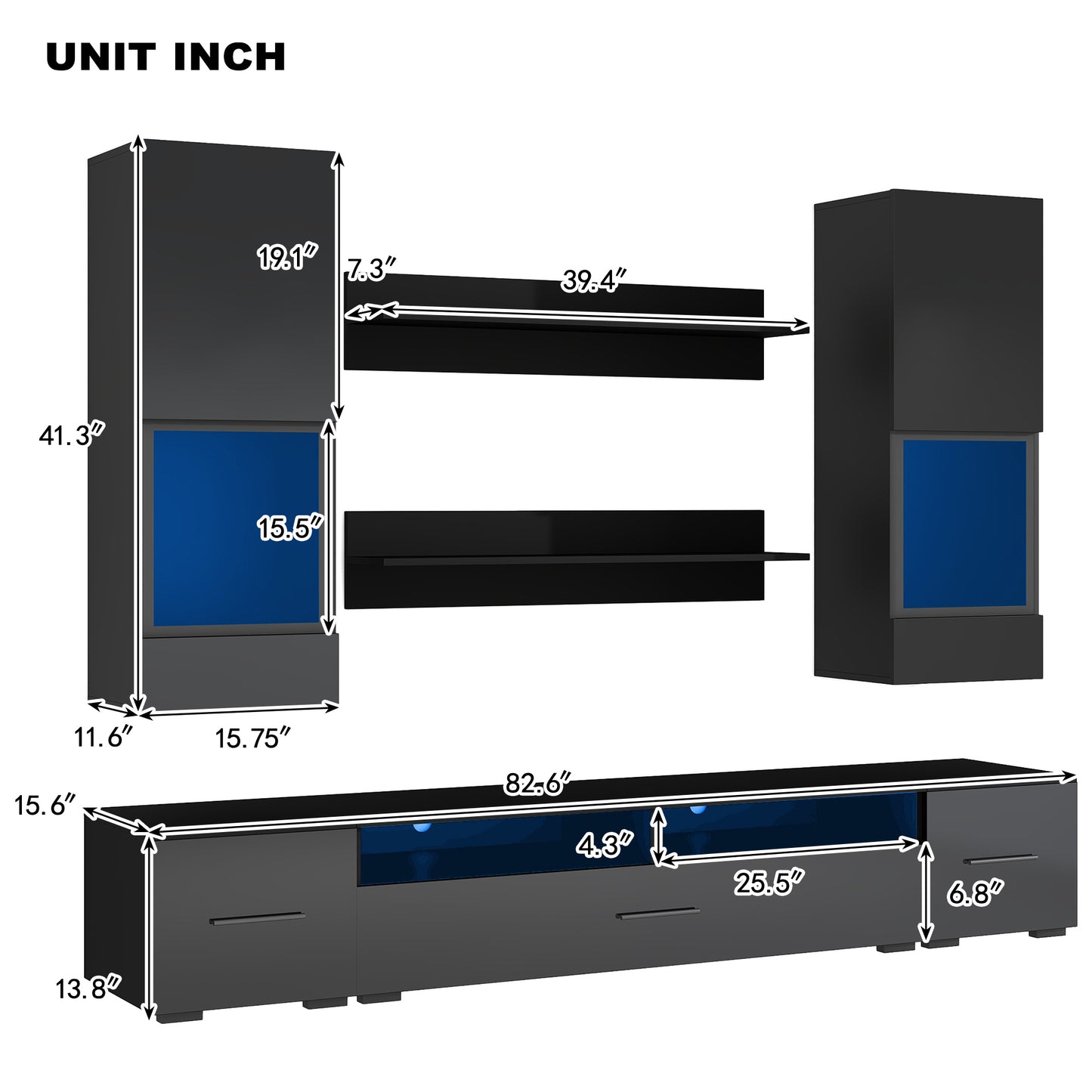 Modernized Black Floating TV Stand Set with 16-Color LED Lights for 90+ inch TV