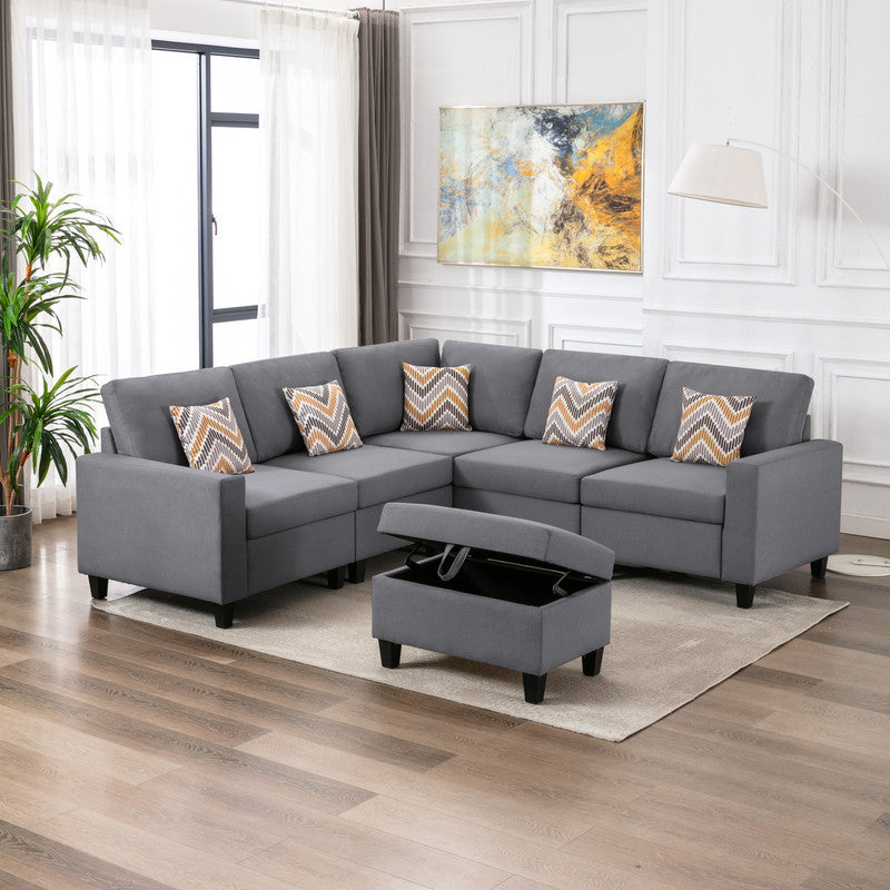 Gray Linen Fabric 6-Piece Reversible Sectional Sofa Set with Pillows, Storage Ottoman, and Interchangeable Legs