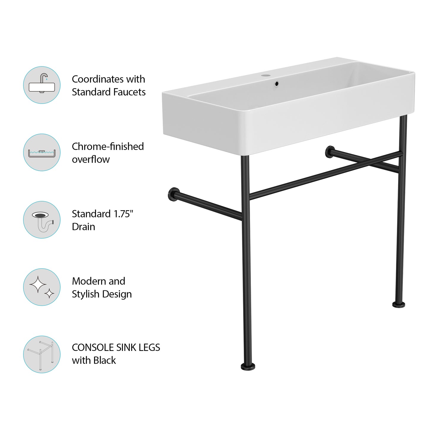 32" Bathroom Console Sink with Overflow,Ceramic Console Sink White Basin Black Legs