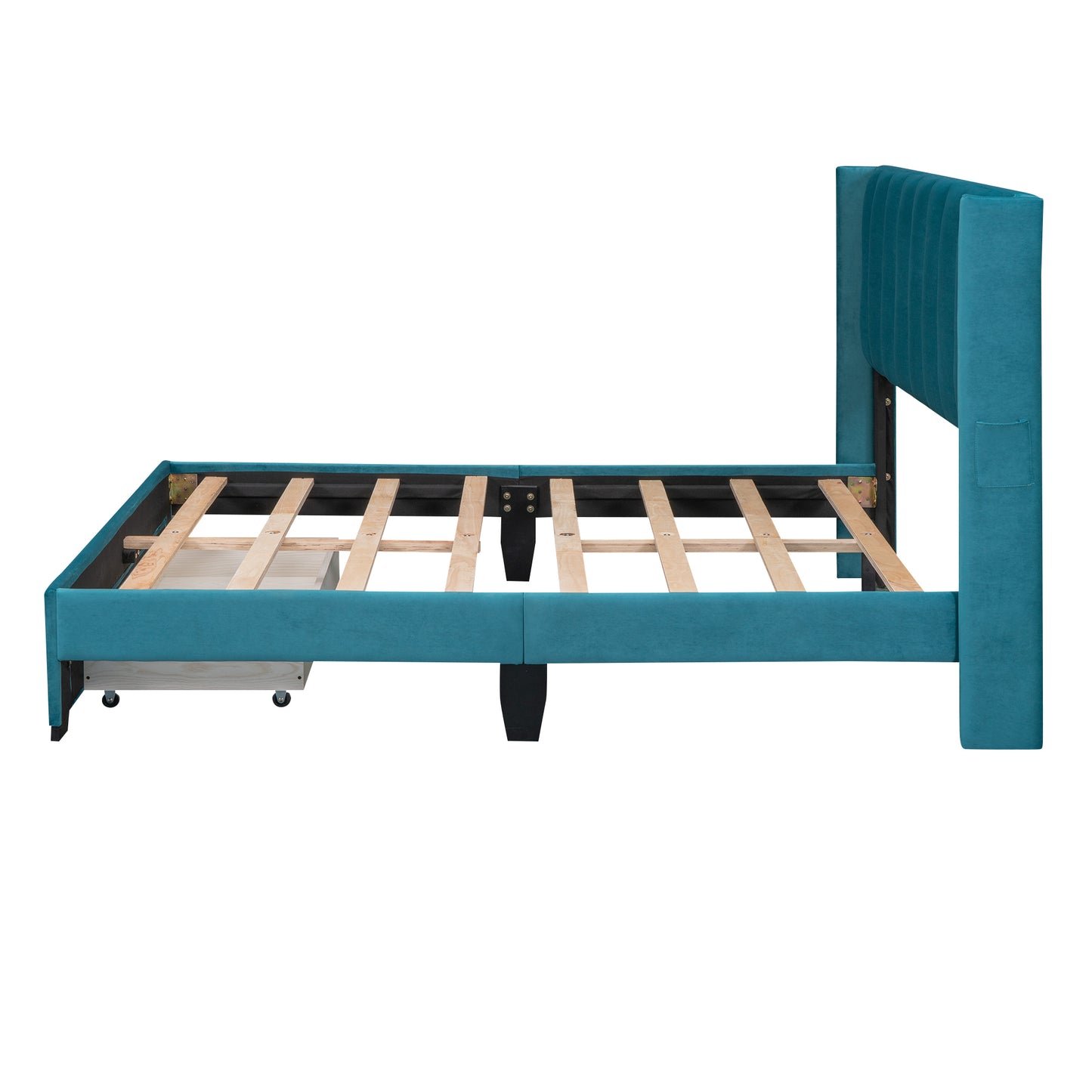 Full Size Storage Bed Velvet Upholstered Platform Bed with a Big Drawer - Blue