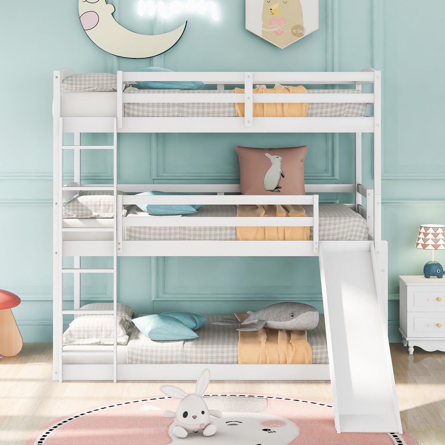 Triple Bunk Bed with Ladder, Slide, and Twin-Twin-Twin Design for White Bedroom Fun