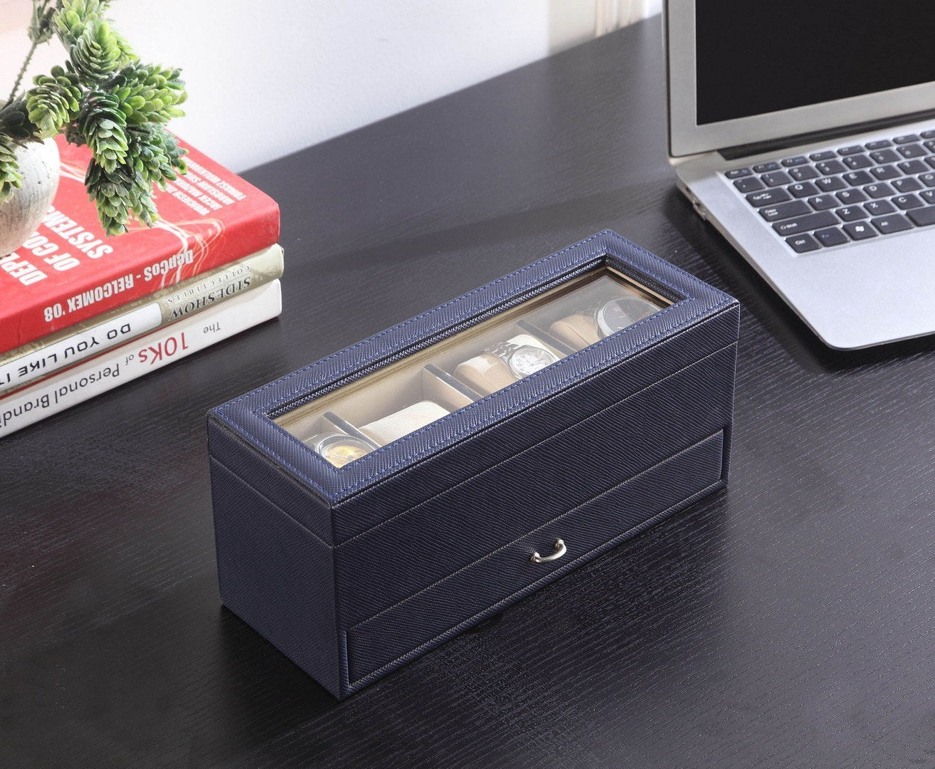 9.3" Long Tempered Glass and Leather Jewelry / Watch Display with Drawers, Blue