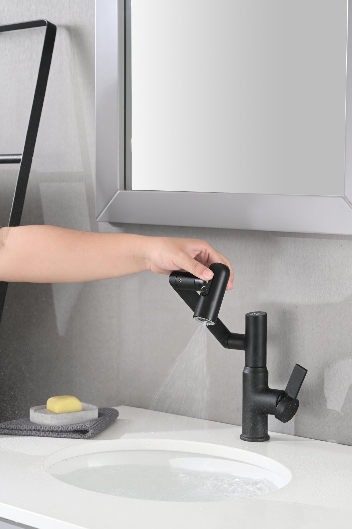 Matte Black Bathroom Sink Faucet with Temperature Display and 360° Rotary Movement featuring Spray Function and Anti-Skid Switch