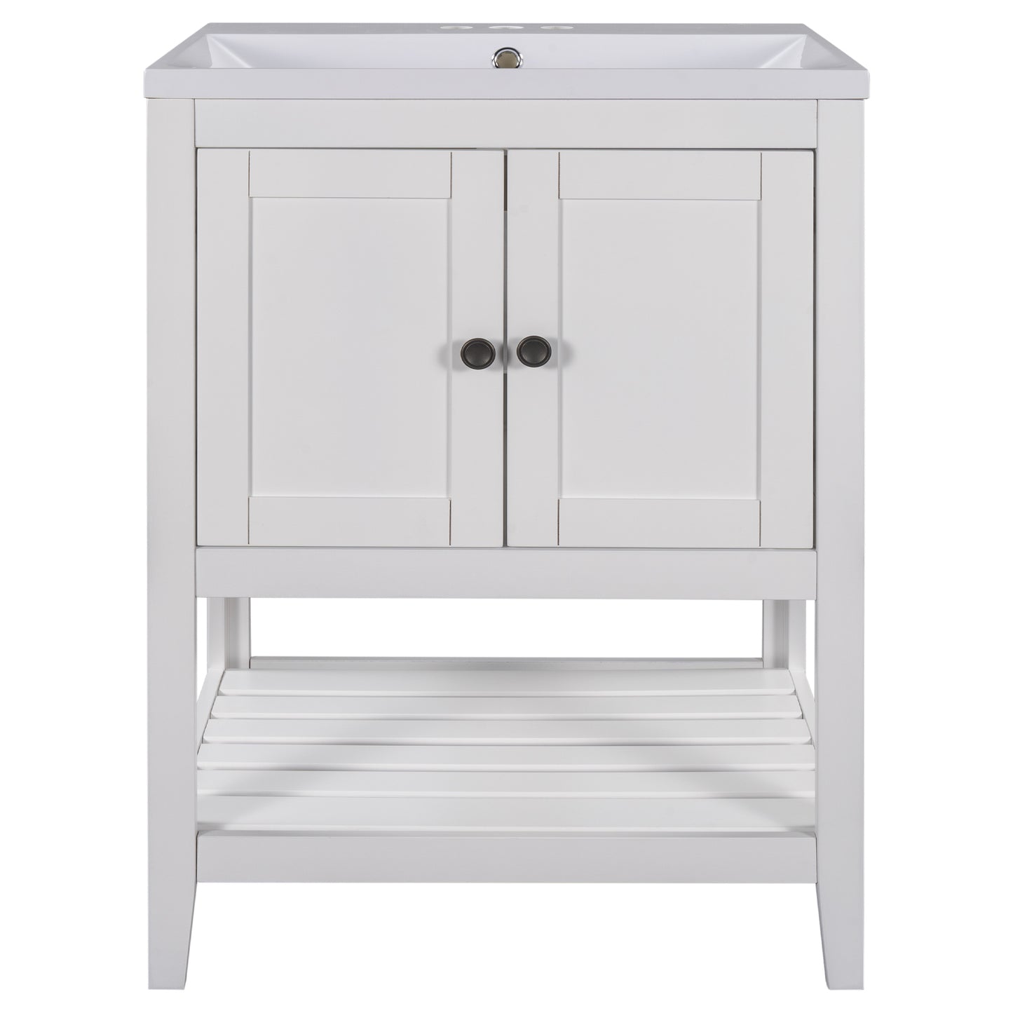 24" White Modern Sleek Bathroom Vanity Elegant Ceramic Sink with Solid Wood Frame Open Style Shelf