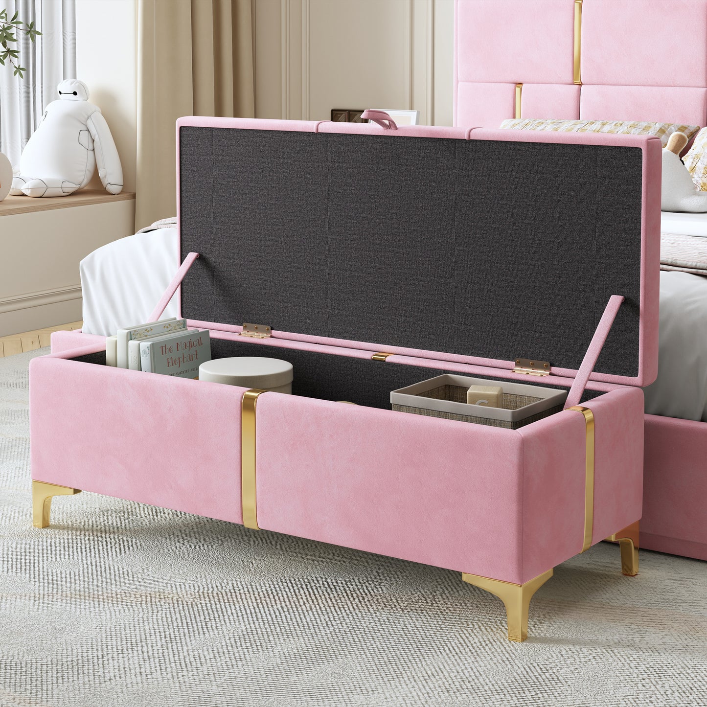 Elegant Upholstered Storage Ottoman,Storage Bench with Metal Legs for Bedroom,Living Room,Fully Assembled Except Legs,Pink