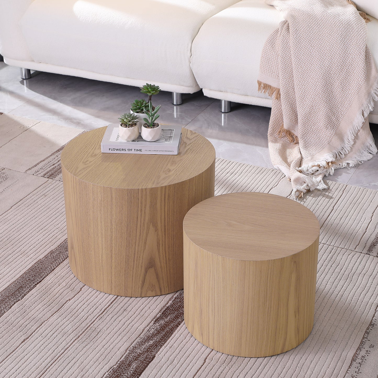 Oak Veneer MDF Side and Coffee Table Set for Living Spaces