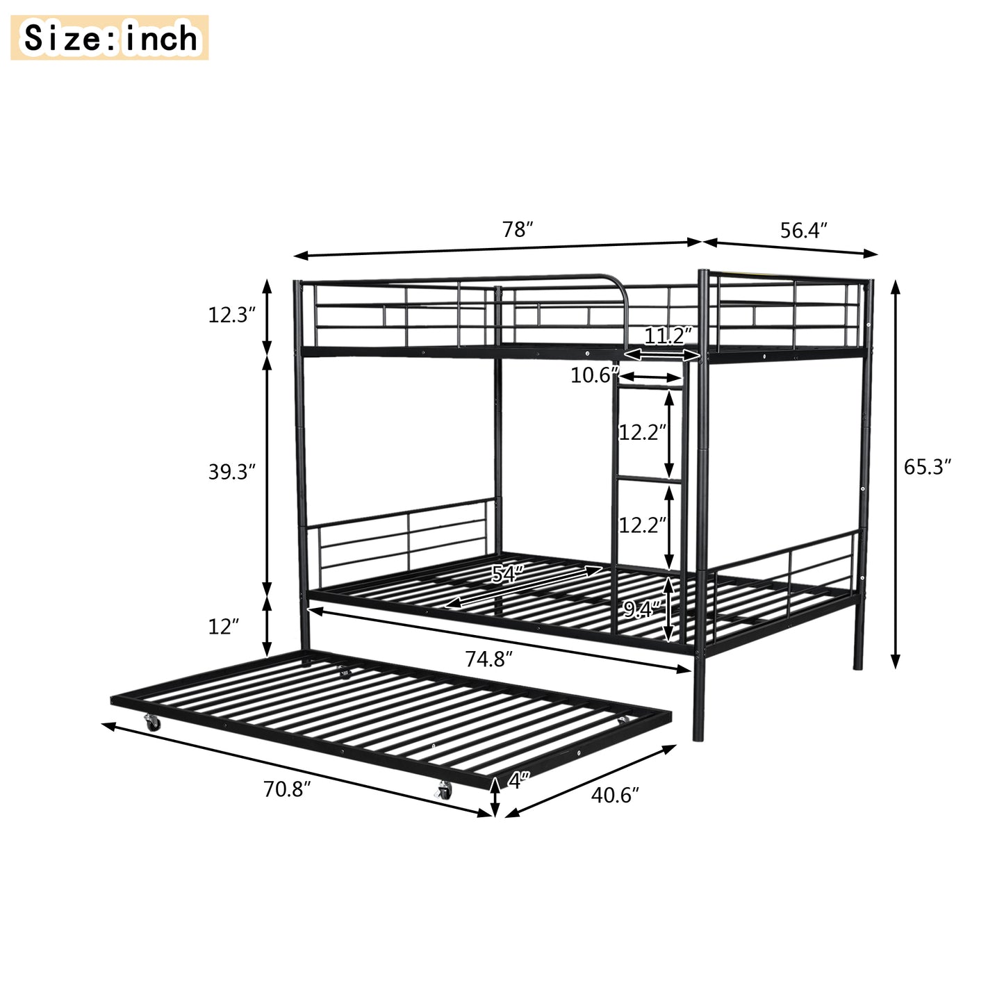 Stylish Contemporary Metal Bunk Bed with Trundle - Sleek Black Design