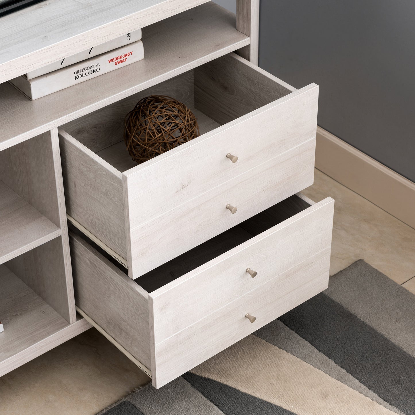 Contemporary White TV Console with Dual-Shelf Storage and Four Drawers