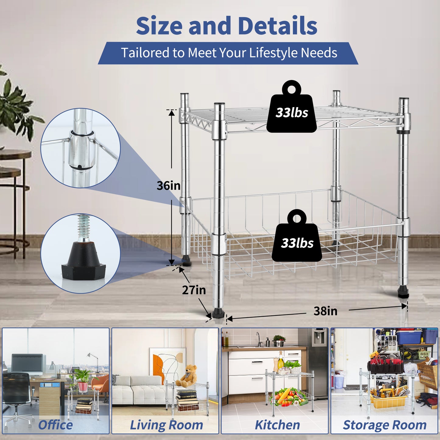 Heavy Duty Shelving Unit, Wire Metal Stackable Storage, 1-Tier Shelf, with Basket, Chrome, 15" W x 13.8" D x 15" H