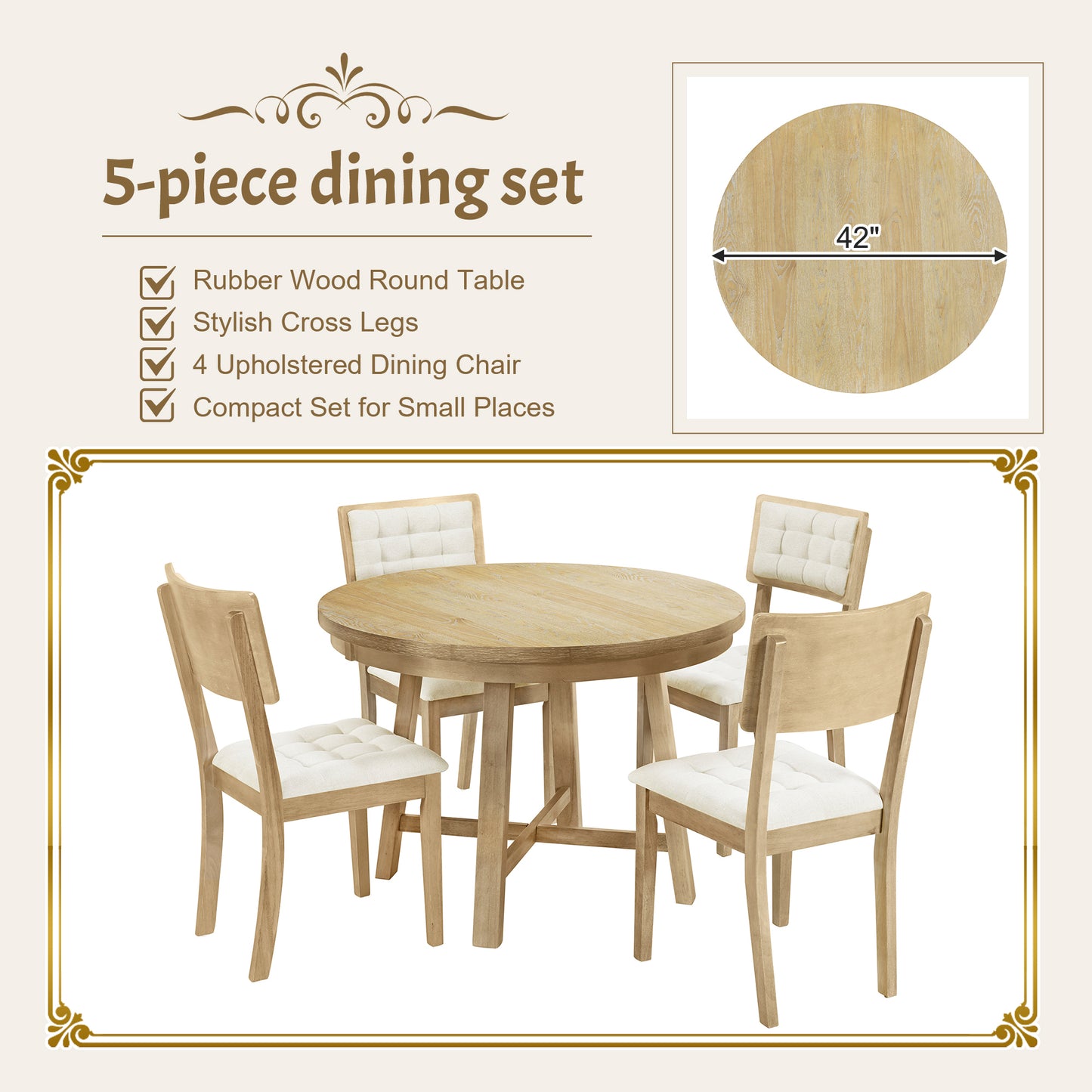 Rustic 42inch Round Dining Table Set with Cross Legs and Upholstered Dining Chairs for Small Places, Natural